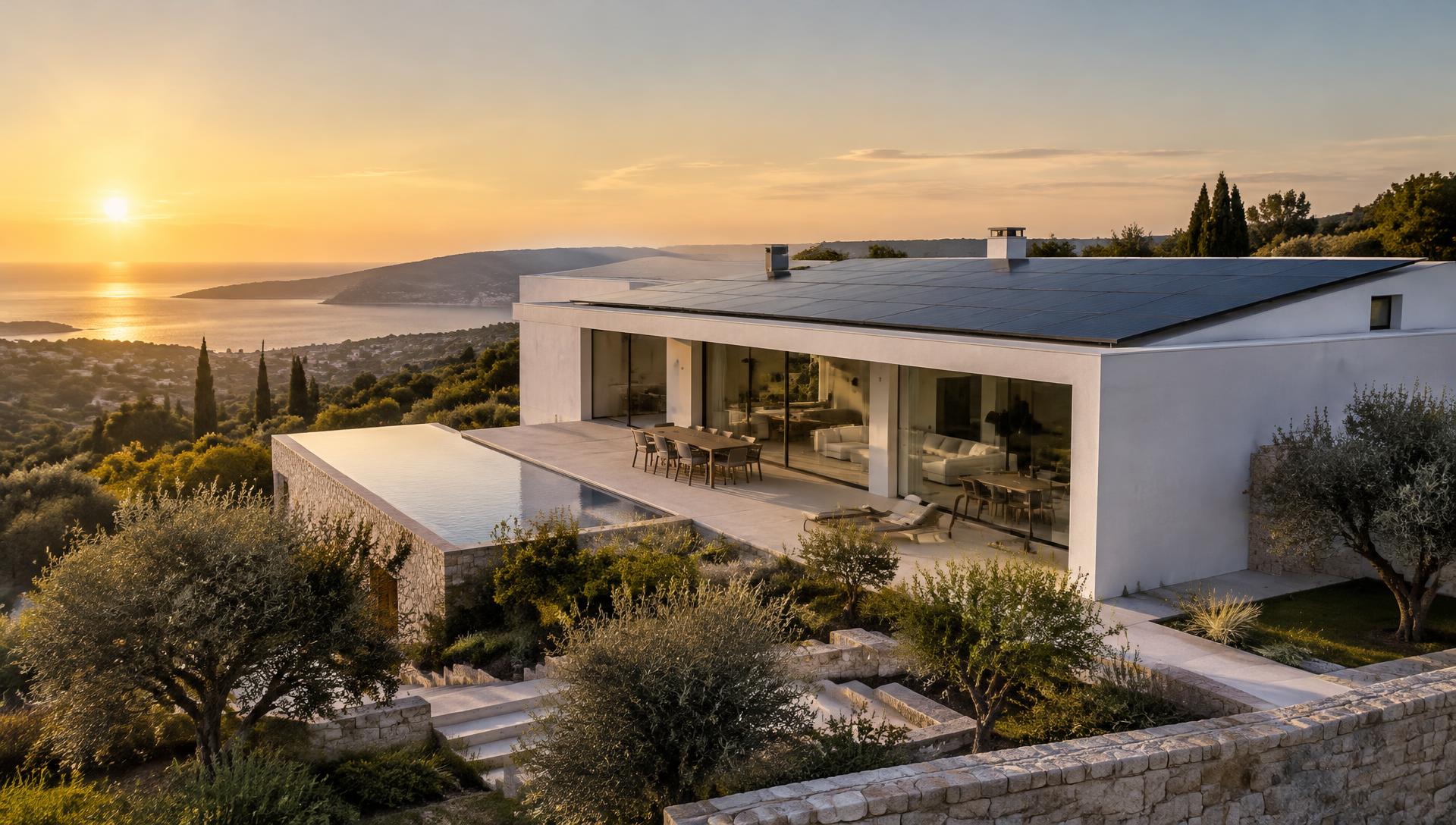 Villa moderna con pannelli fotovoltaici integrati sul tetto al tramonto