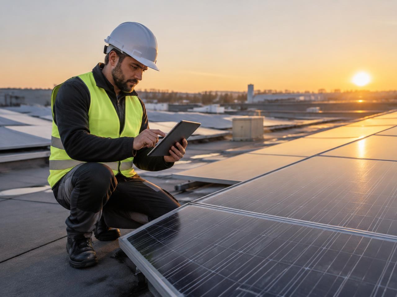 Tecnico che verifica un impianto fotovoltaico su un tetto industriale